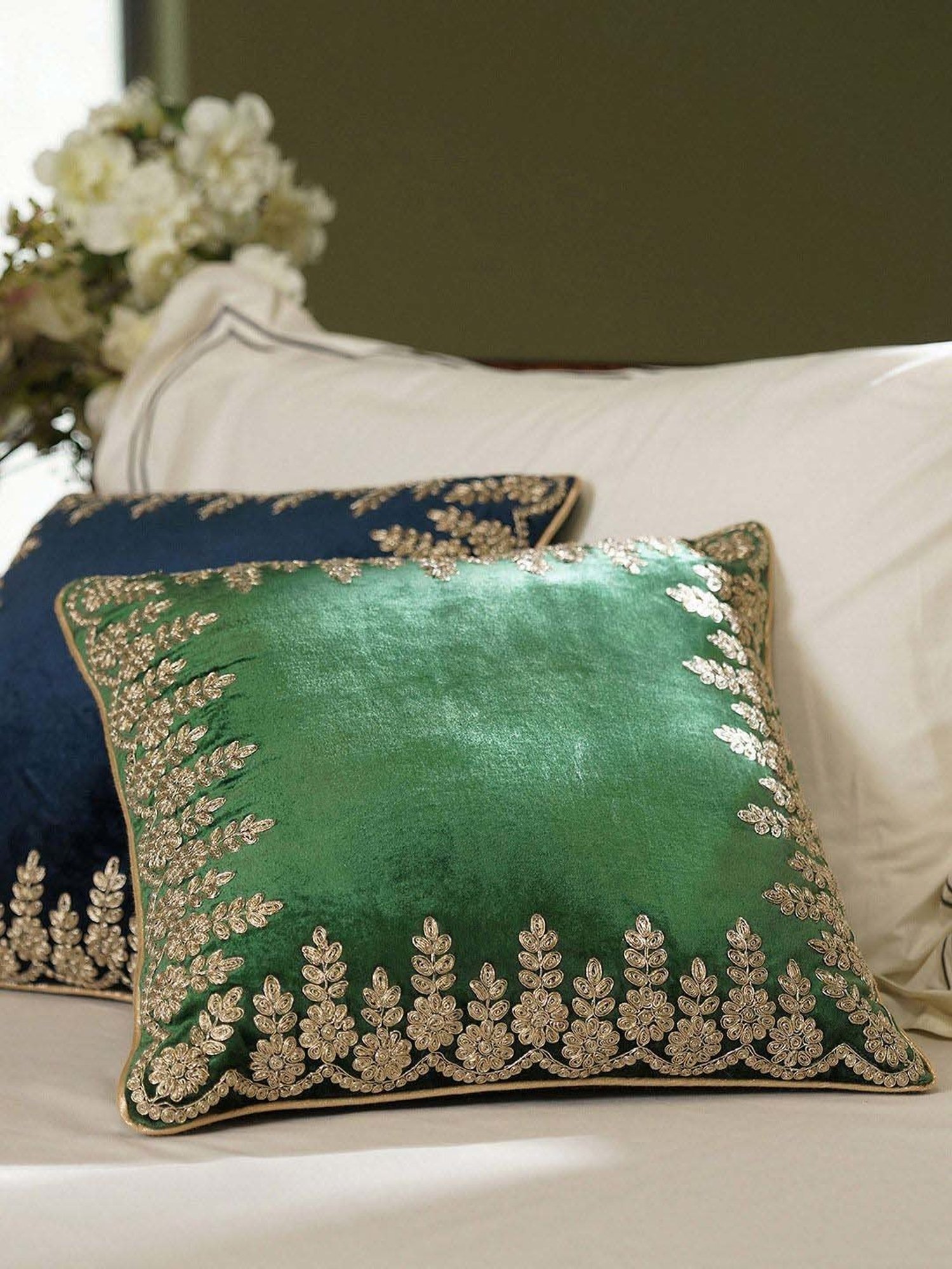 Pure Home and Living Green Velvet Zari Embroidered Square Cushion Cover