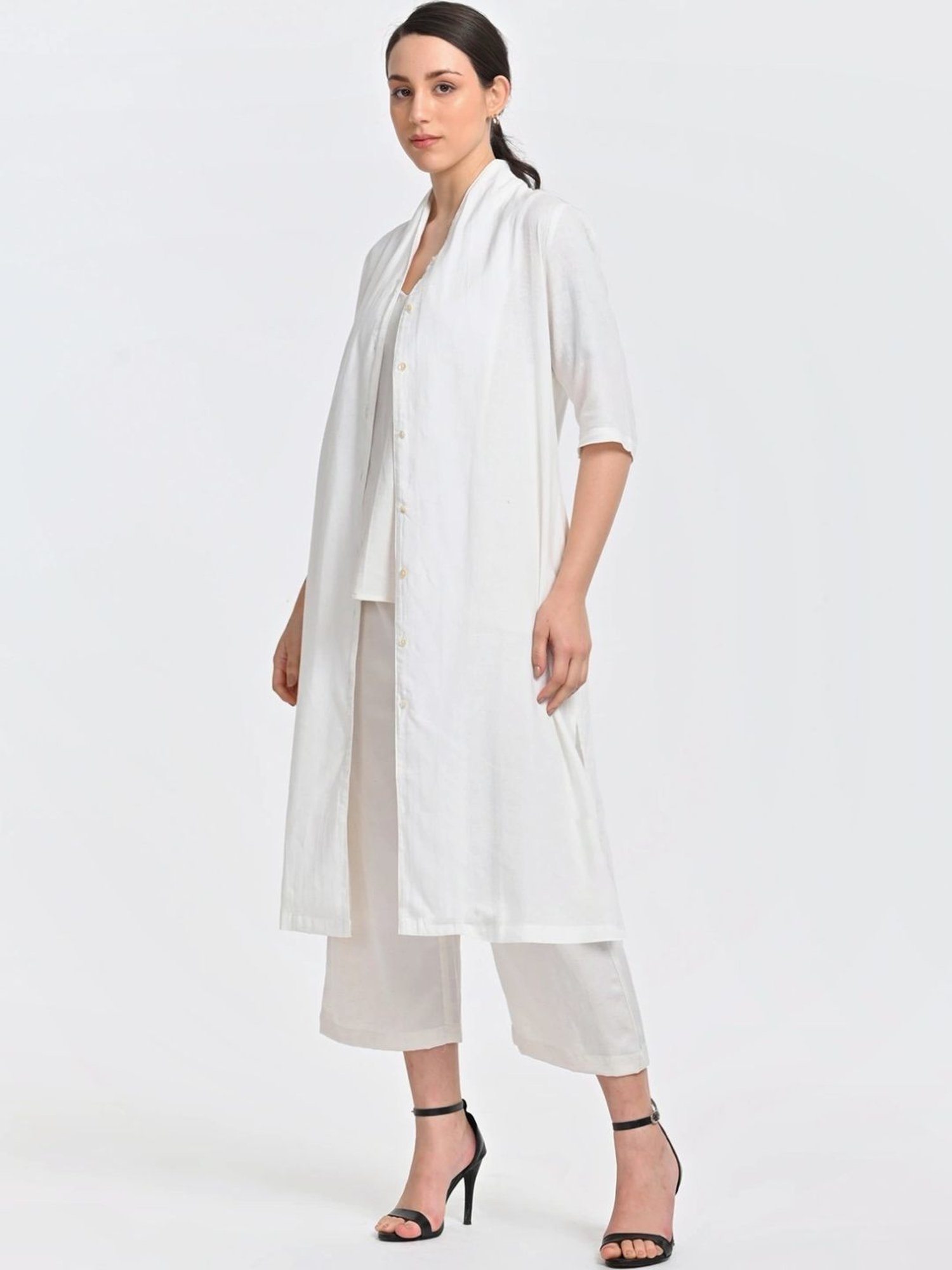 Saltpetre Cream 3 Piece Overlay Long Shirt With Top And Trousers Co-ords Set