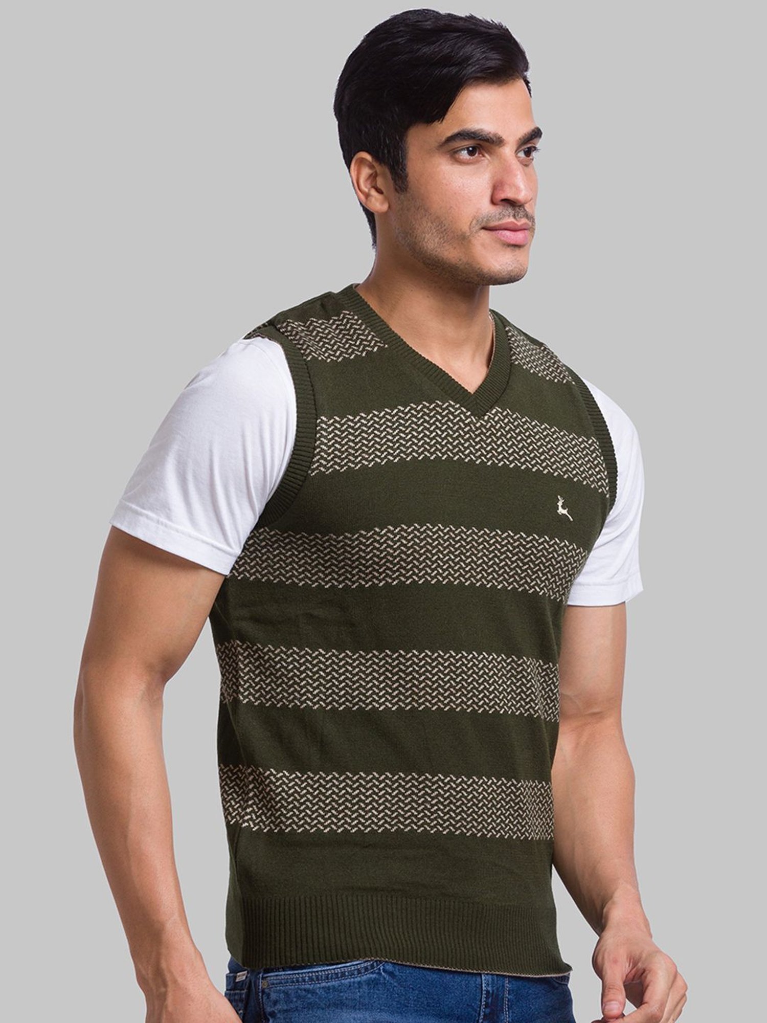 Parx Green & Beige Regular Fit Self Pattern Sweater