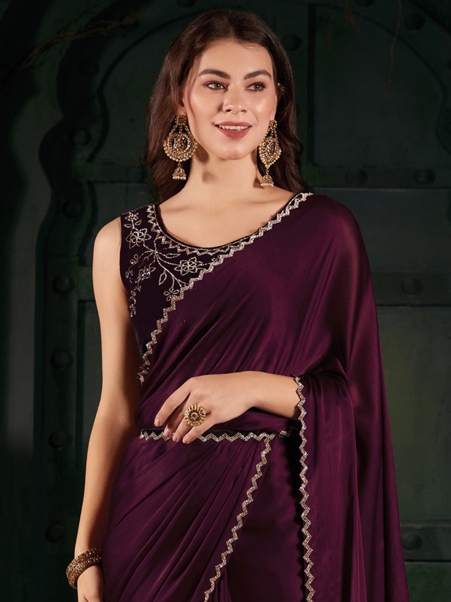 Saree Mall Purple Embellished Saree With Unstitched Blouse
