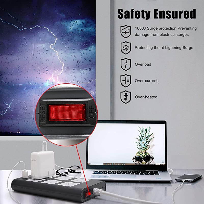 10ft 14AWG 15A Surge Protector Power Strip with USB  Heavy Duty Extension Cord Flat Plug 6Outlet 4 USB 24A Fast Charging 1080J for iPhone iPad Home Indoor Office Desktop Gray White