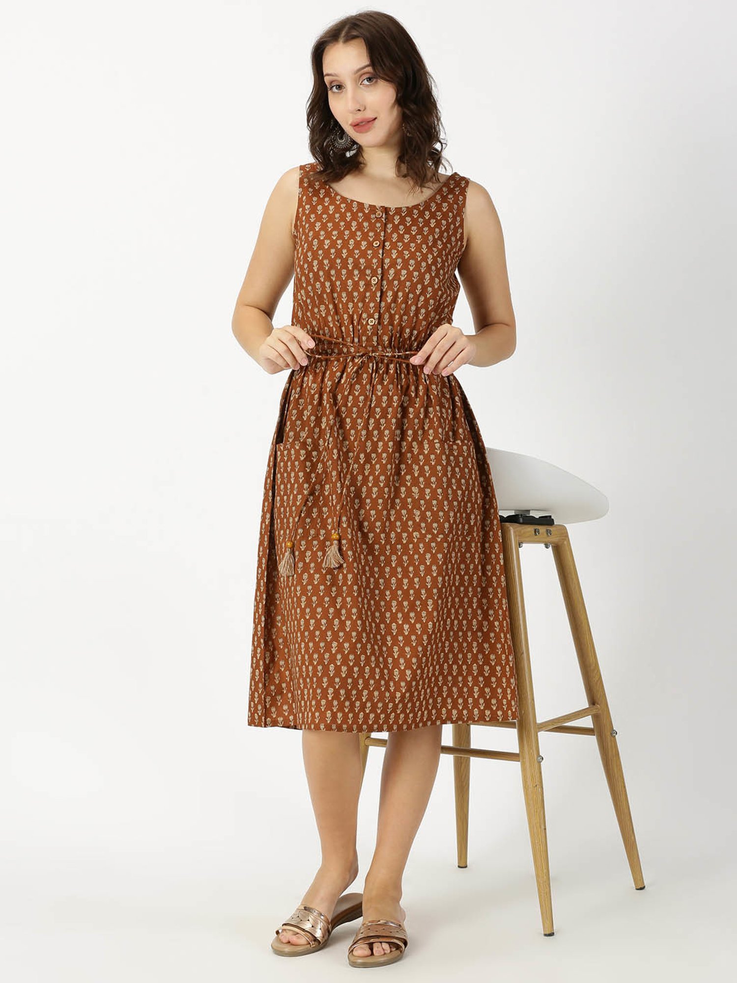 Saffron Threads Brown Cotton Floral Print Ethnic Dress