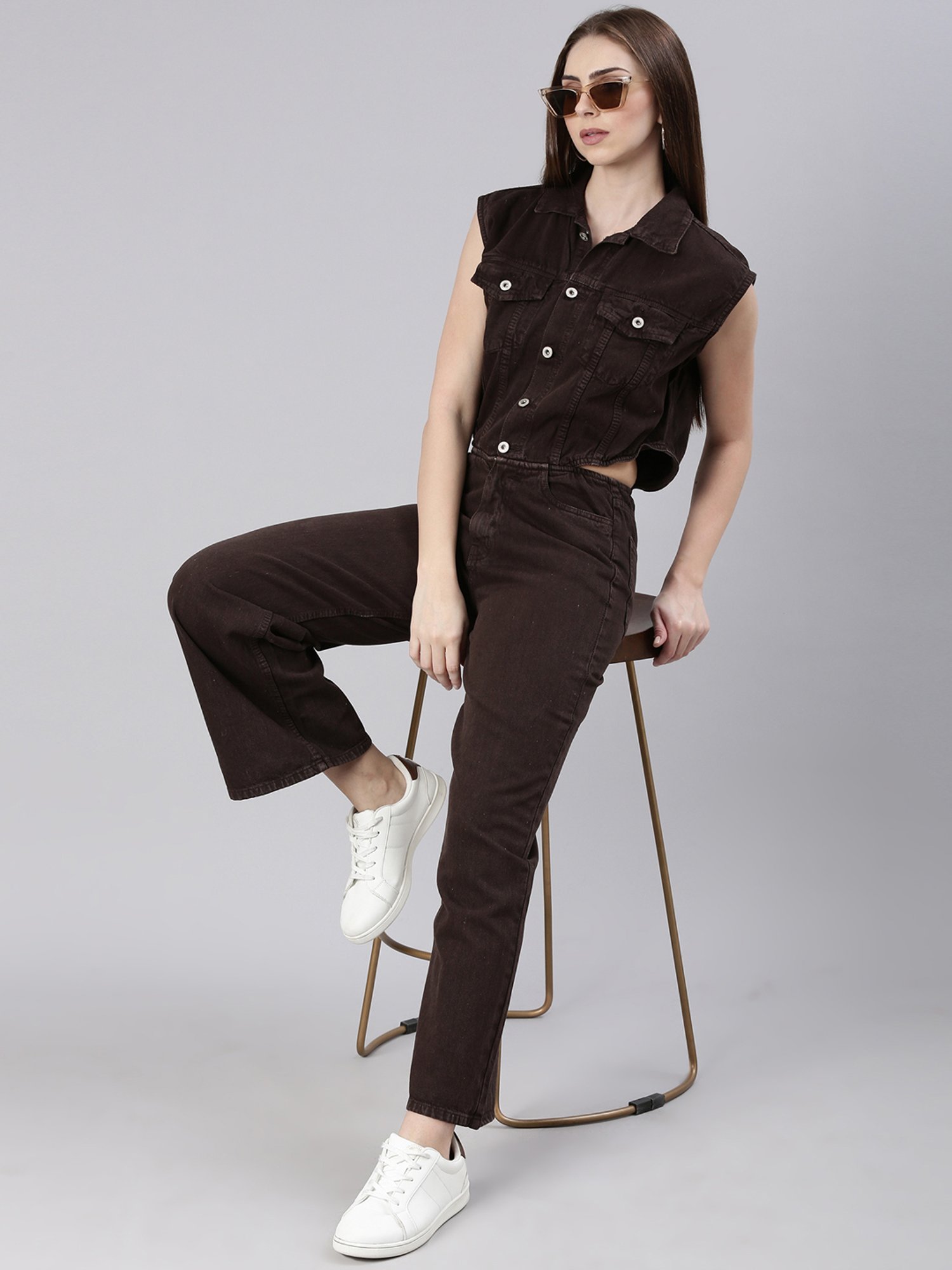 SHOWOFF Brown Denim Maxi Jumpsuit