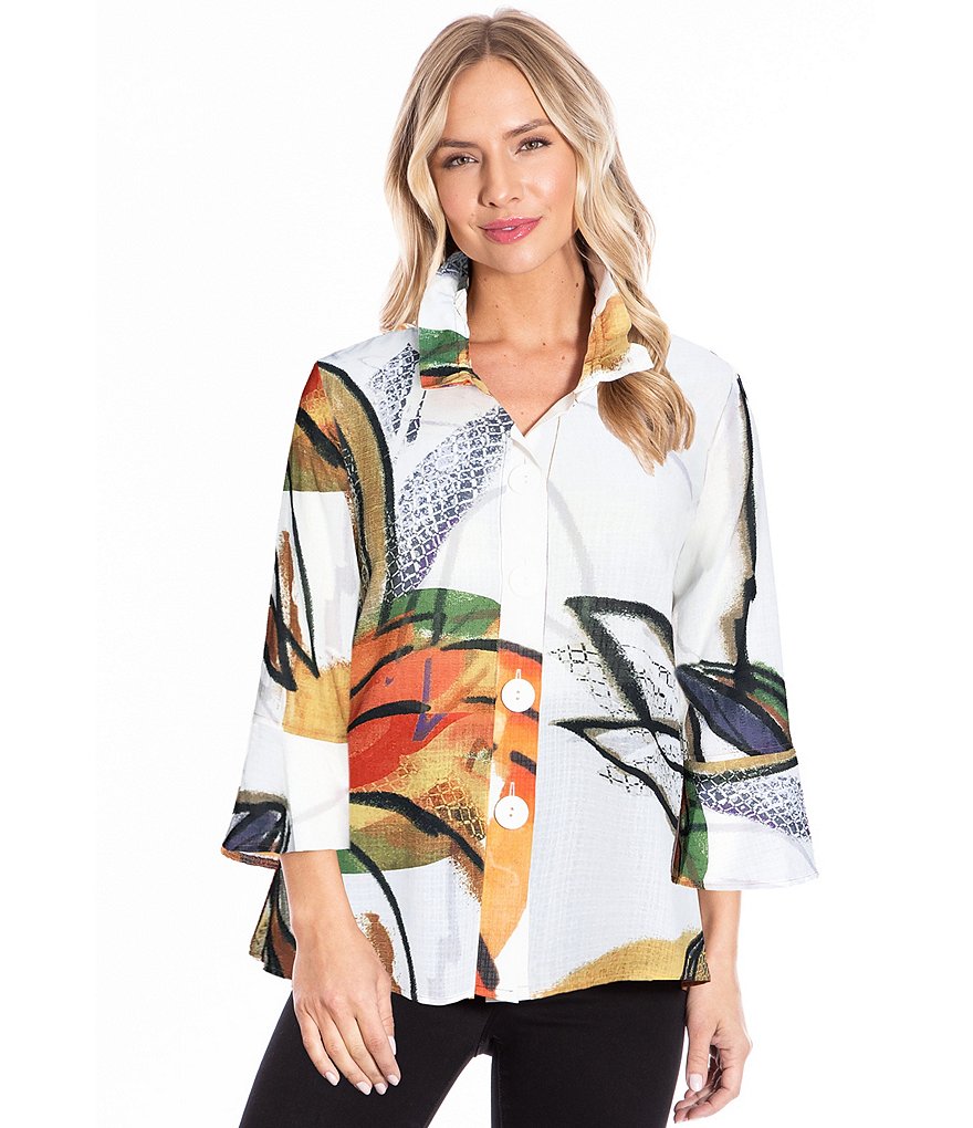 Ali Miles Petite Size Abstract Floral Print Button Front Floral Wire Neck 3/4 Bell Sleeve Jacket