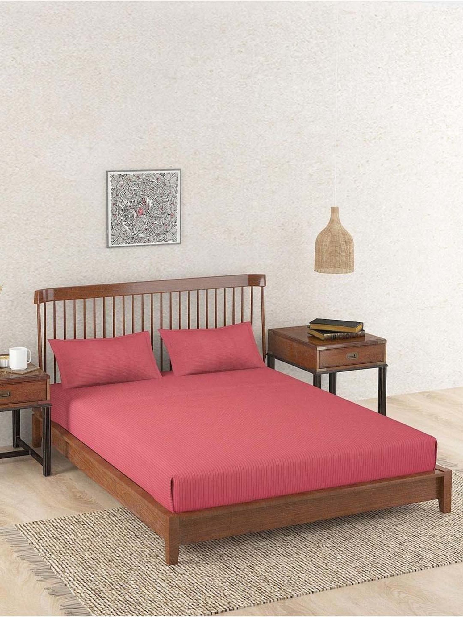 Fabindia Red Cotton 92 TC Single Bed Sheet With Pillow Cover