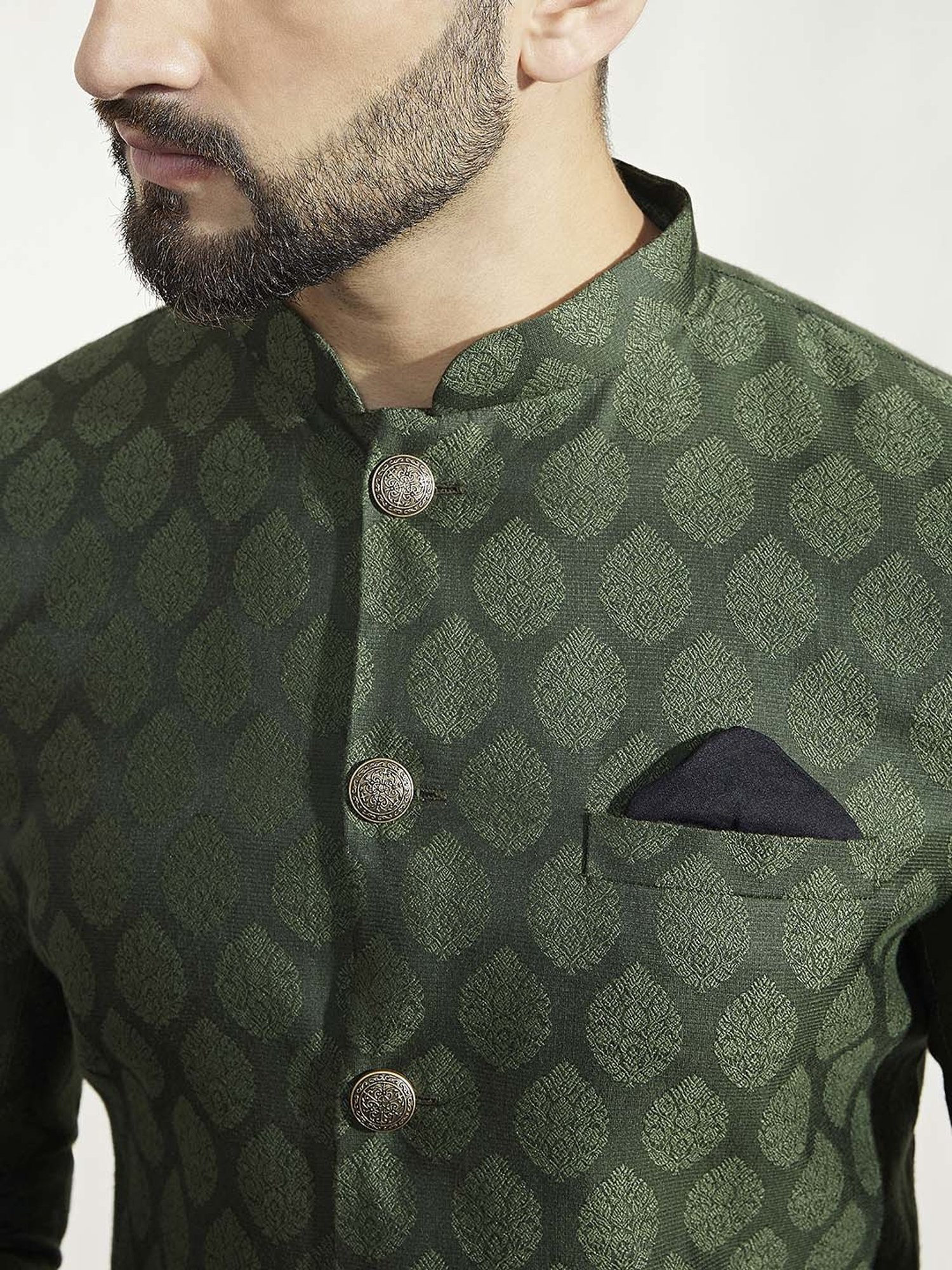 KISAH Olive & Beige Regular Fit Self Design Sherwani Set
