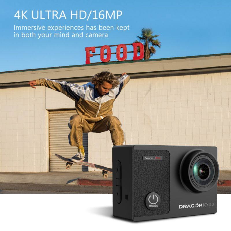 Dragon Touch Vision 3 Pro 4K Action Camera Touch Screen 16MP 100 feet Waterproof Camera Adjustable View Angle WiFi Sports Camera with Remote Control and Helmet Accessories Kit