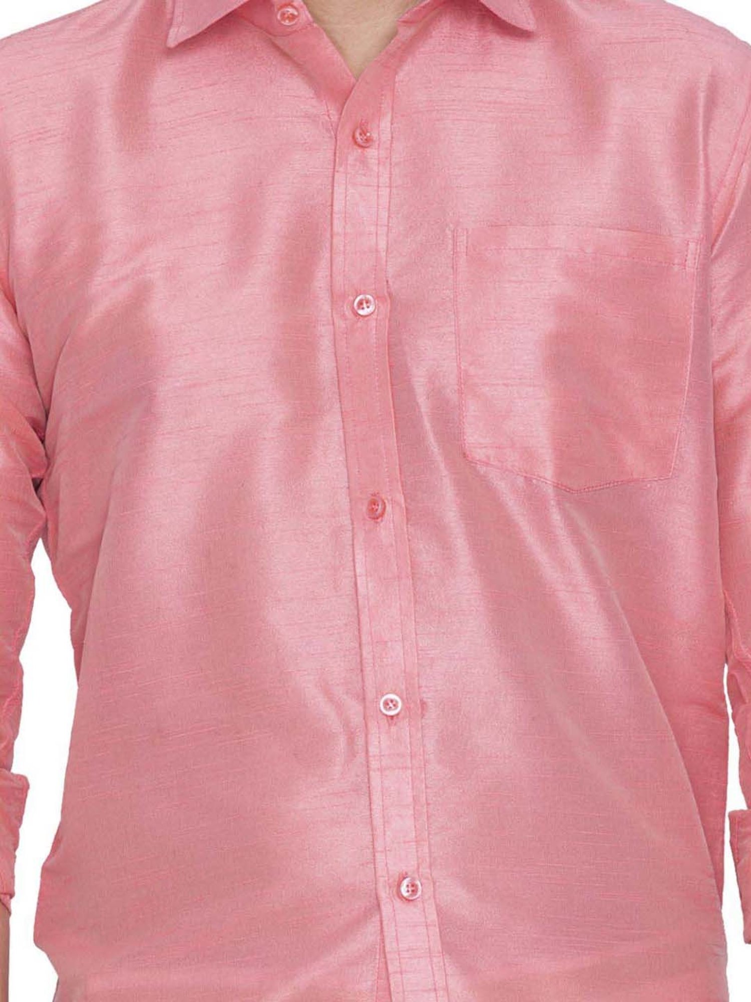 Vastramay Pink & White Regular Fit Ethnic Shirt With Mundu