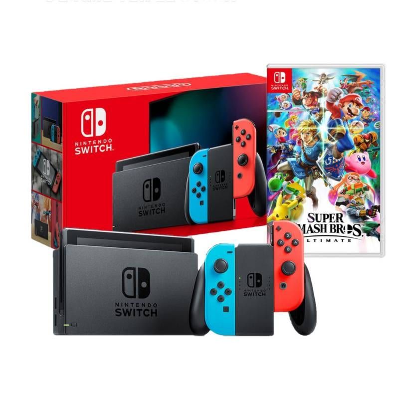 2019 New Nintendo Switch Red/Blue Joy-Con Improved Battery Life Console Bundle with Super Smash Bros. Ultimate