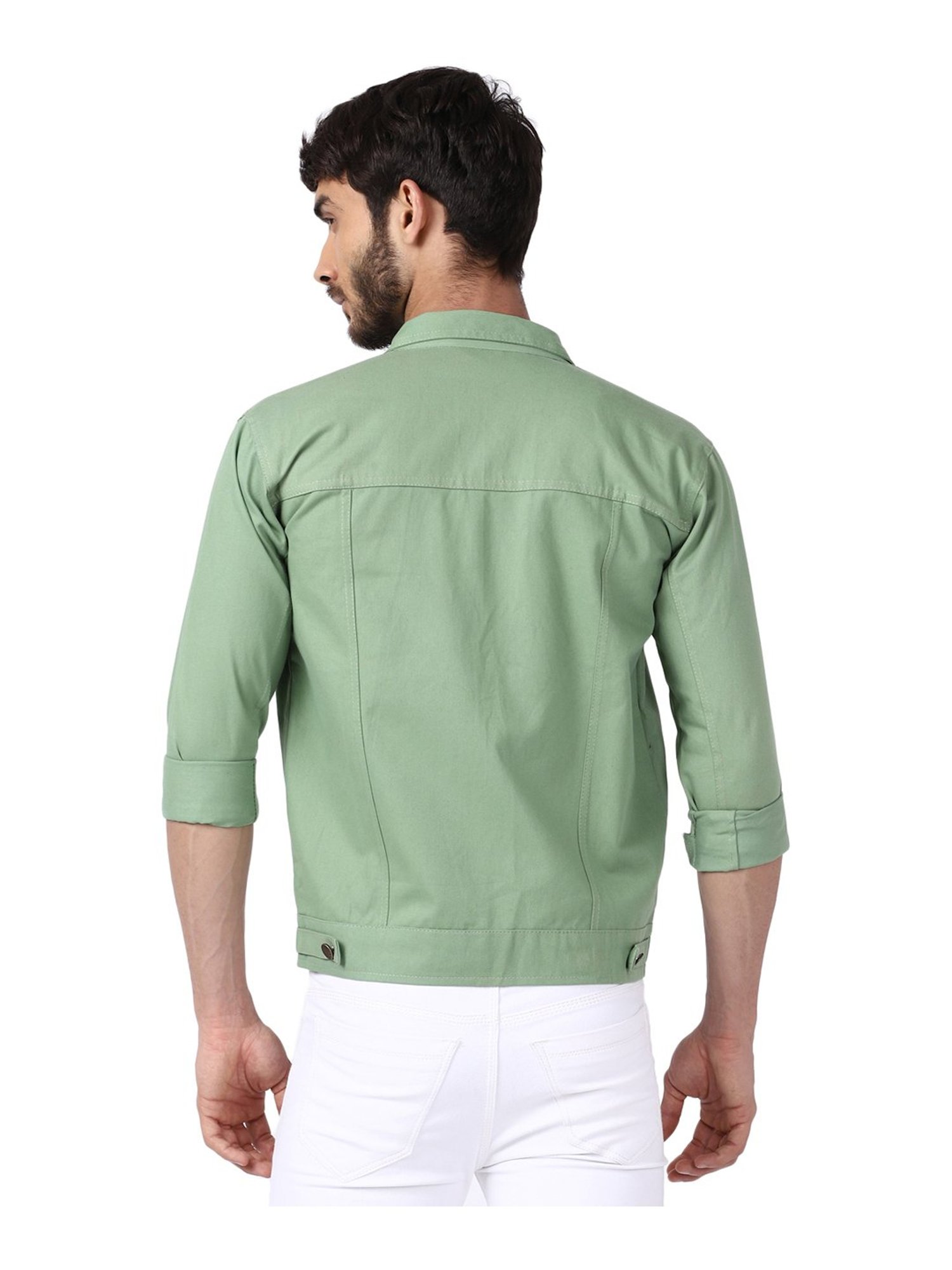 VOXATI Light Green Full Sleeves Shirt Collar Denim Jacket