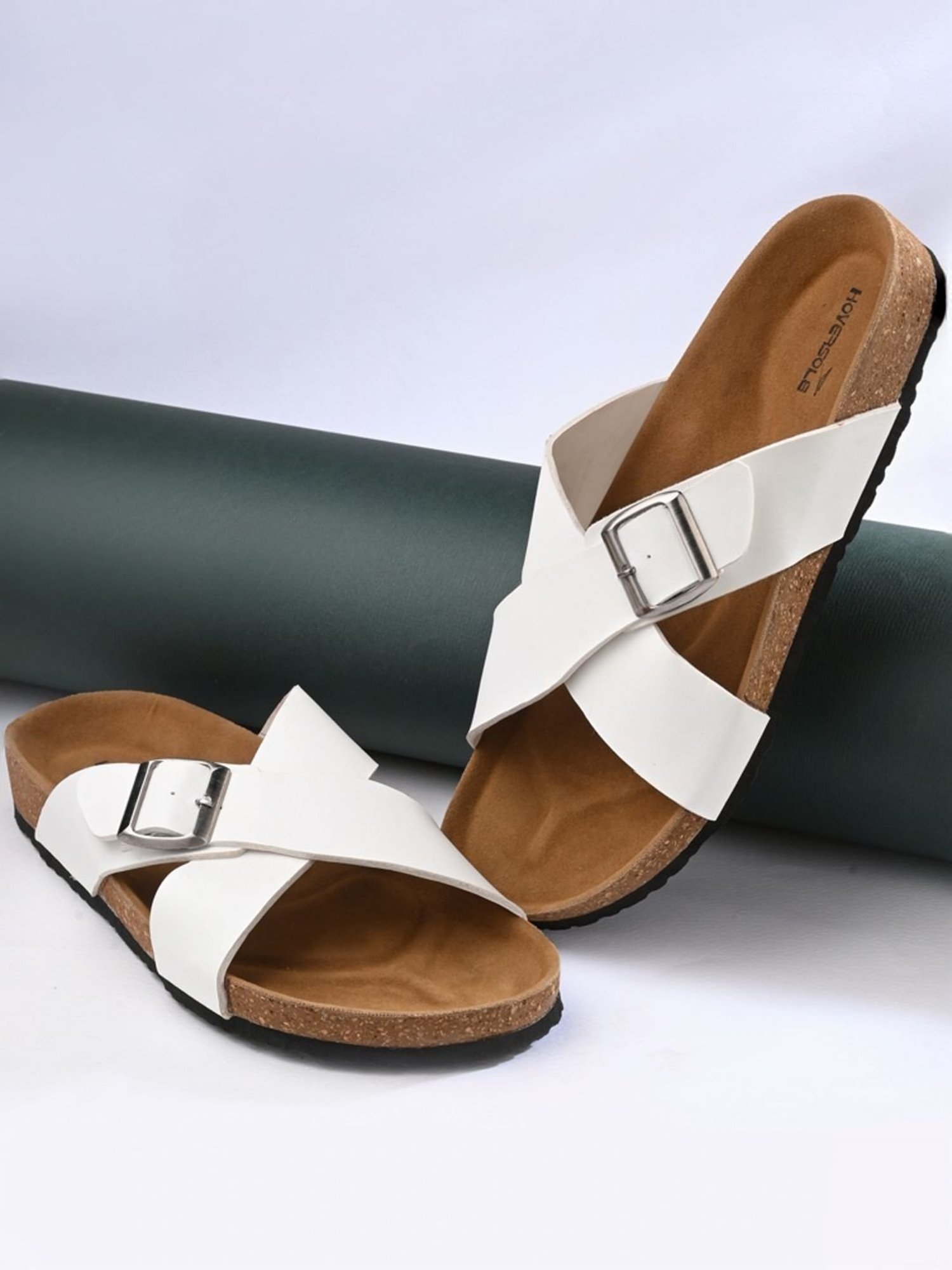 Hoversole Men's White Cork Cross Strap Sandals