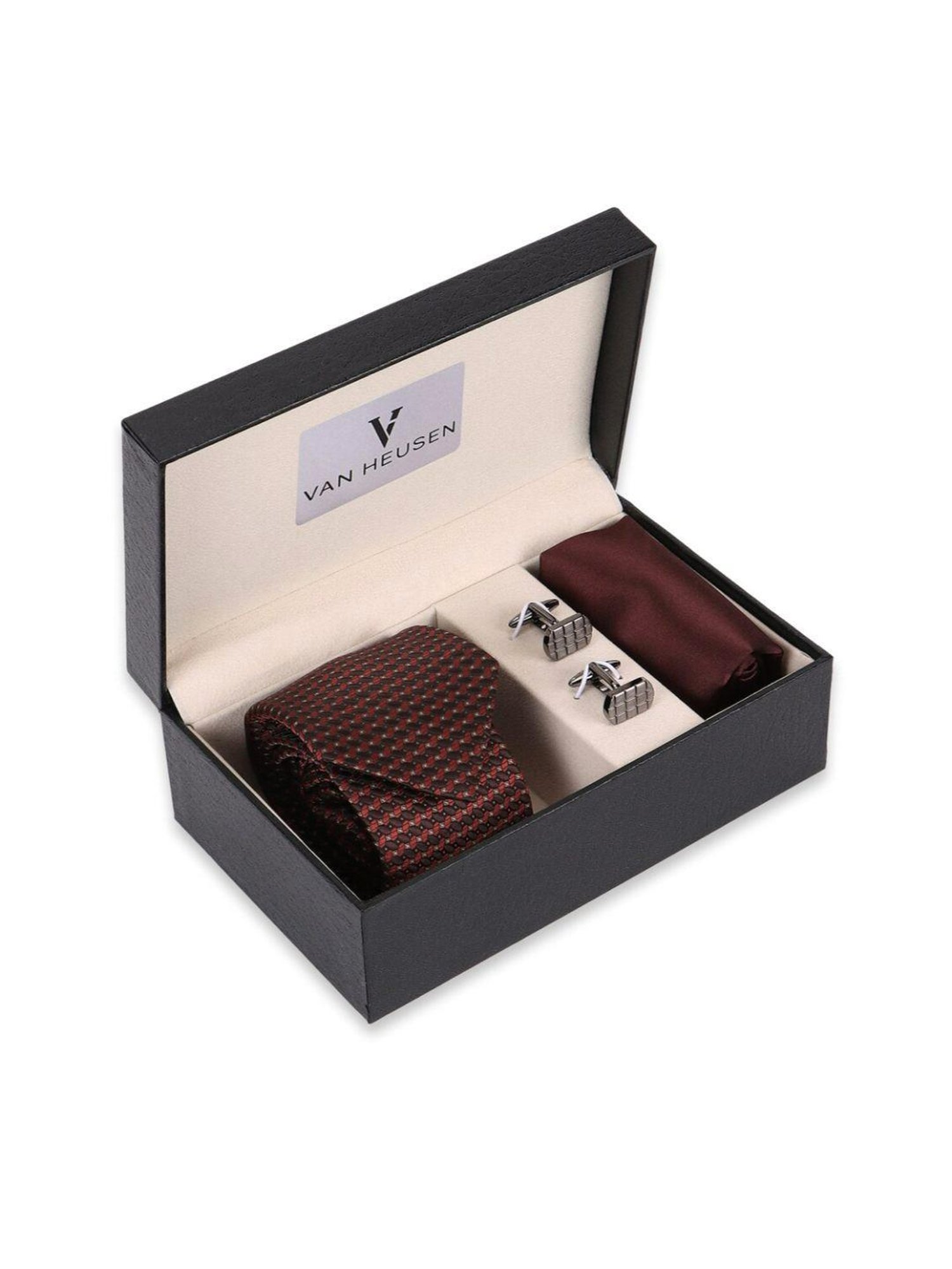 Van Heusen Maroon Textured Tie, Cufflinks and Pocket Square