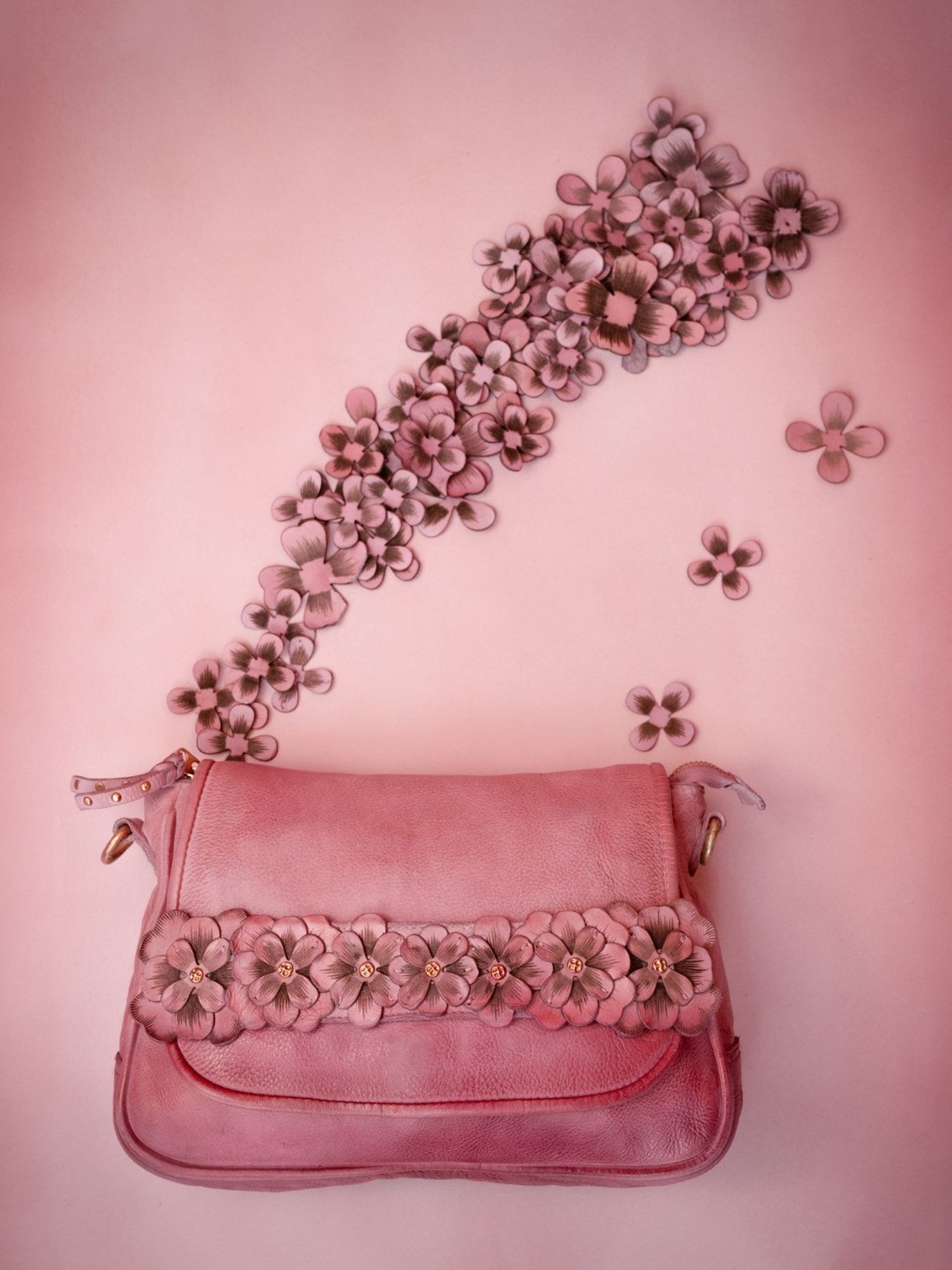 Art N Vintage Roseate Rose Pink Leather Floral Medium Sling Handbag