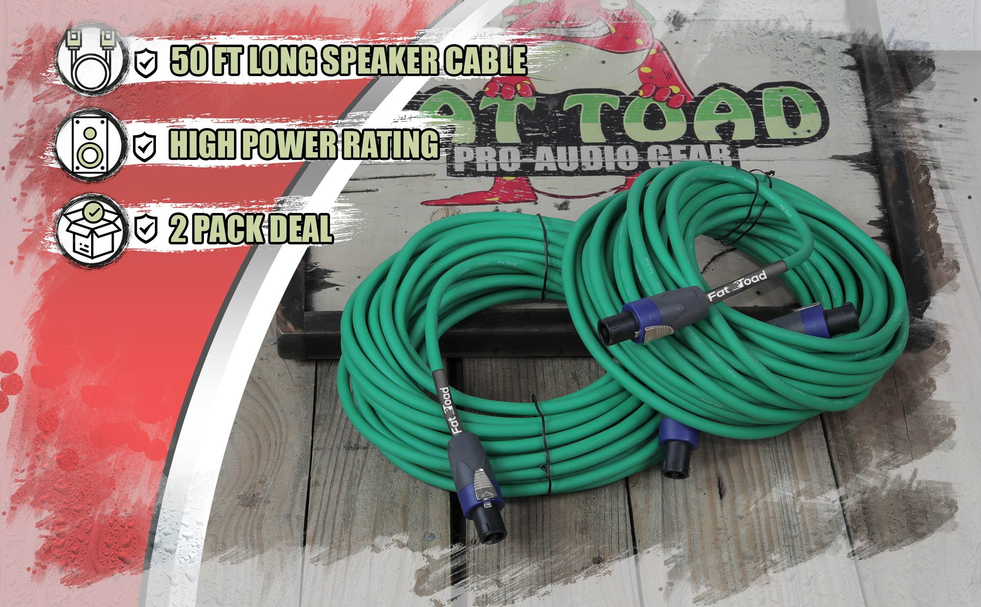 Speakon to Speakon Cables (2 Pack) by FAT TOAD | 50ft Professional Pro Audio Green Speaker PA Cord with Twist Lock Connector | 12 AWG Wire for Impeccable Studio Recording & DJ Stage Performance Gear