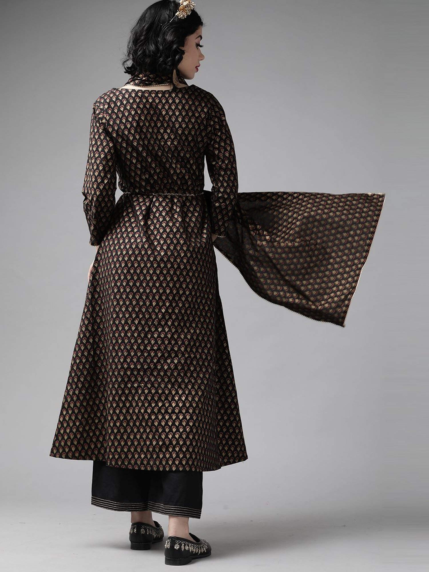 Indo Era Black Printed Kurta Palazzo Set With Dupatta