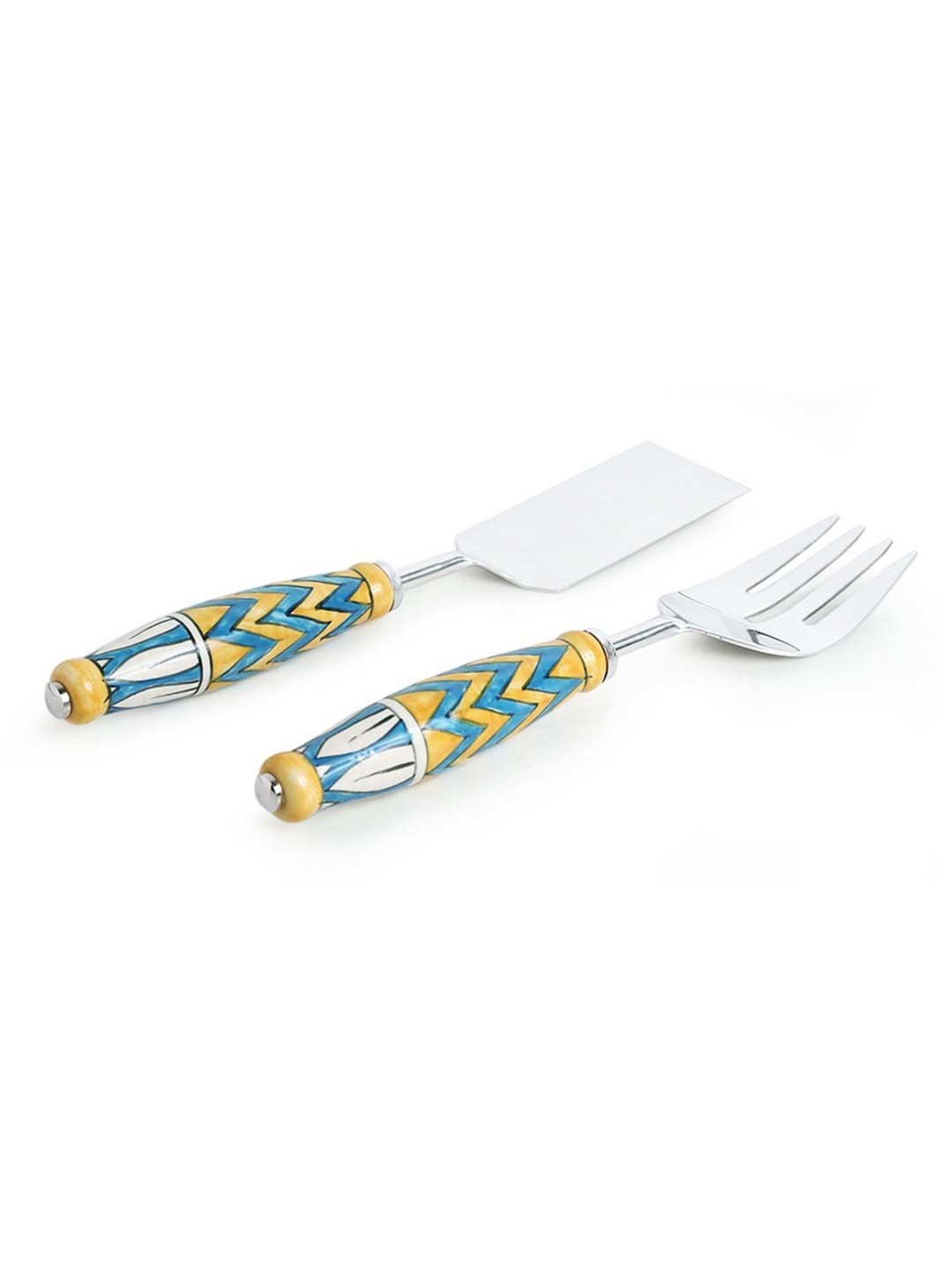 ExclusiveLane 'The Mughal Paich Daar' Serving Fork & Scraper In Stainless Steel & Ceramic (Set of 2)