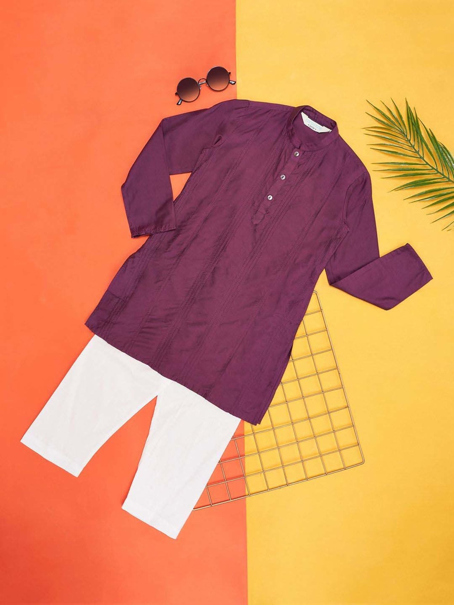 Indus Route by Pantaloons Kids Purple & White Cotton Embroidered Full Sleeves Kurta Set