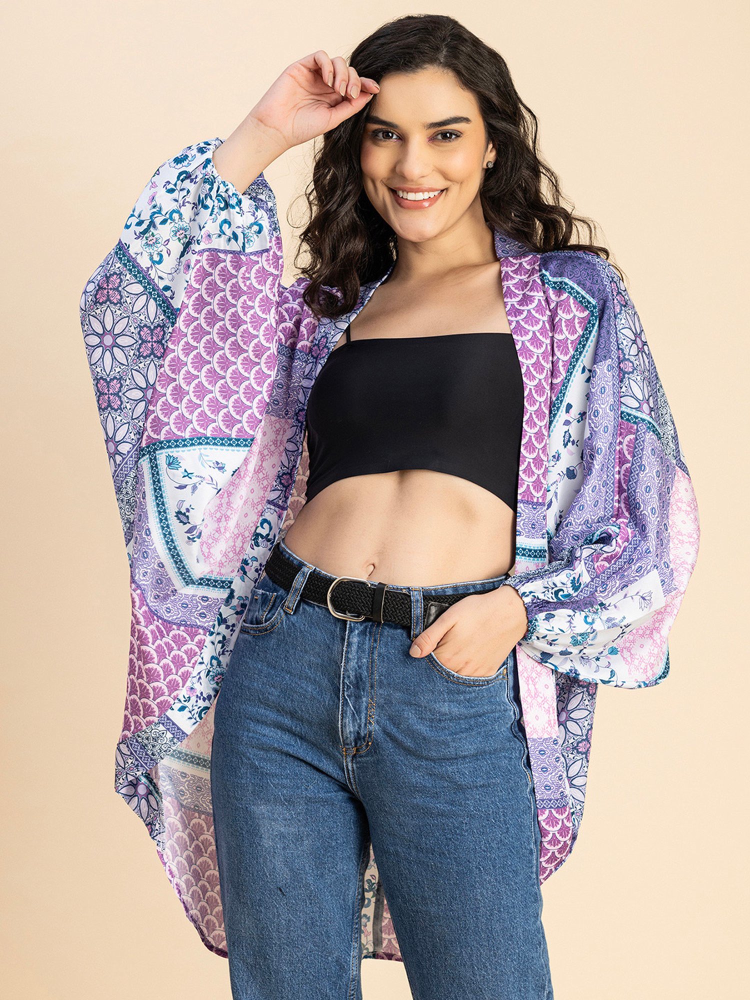 Moomaya Purple & White Floral Print Shrug