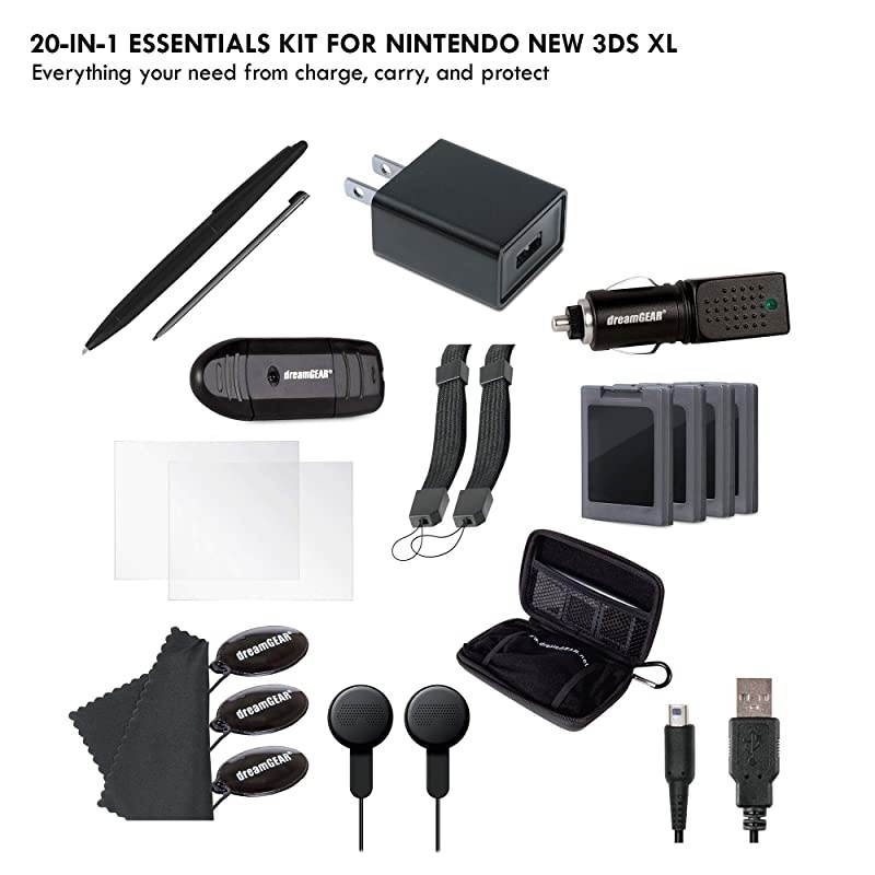 20in1 Essentials Kit Compatible with Nintendo NEW 3DS XL Carrying Case 2 Screen Protectors 4 Game Cases Earbuds 2 Stylus SD Card Reader Charge Cable AC Adapter Car Charger More