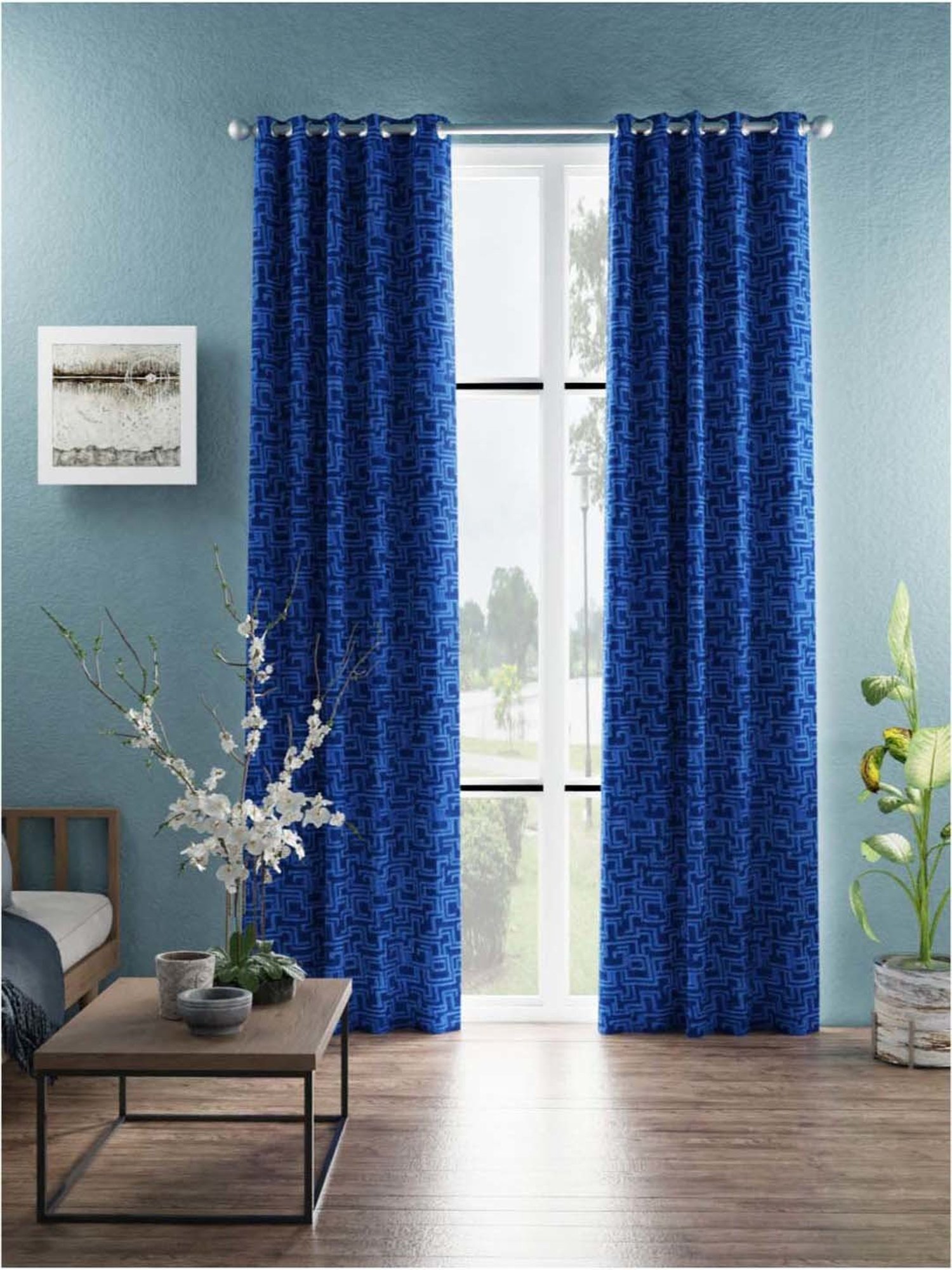 Bianca D`ROMANIO Blue Faux Silk 9 Ft. Long Door Curtain - Set of 2