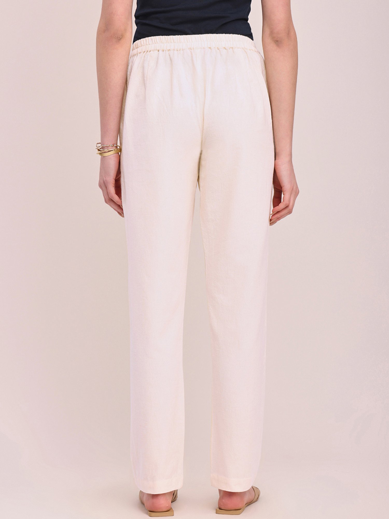 Pink Fort Off-White Cotton Relaxed Fit Pants