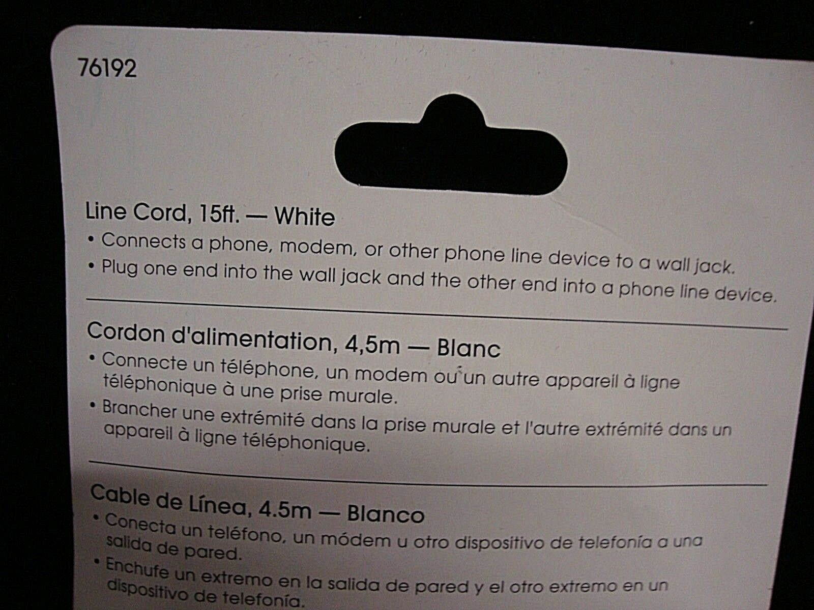 Jasco 15ft Phone Line Cord White 76192 NEW (2 packs)