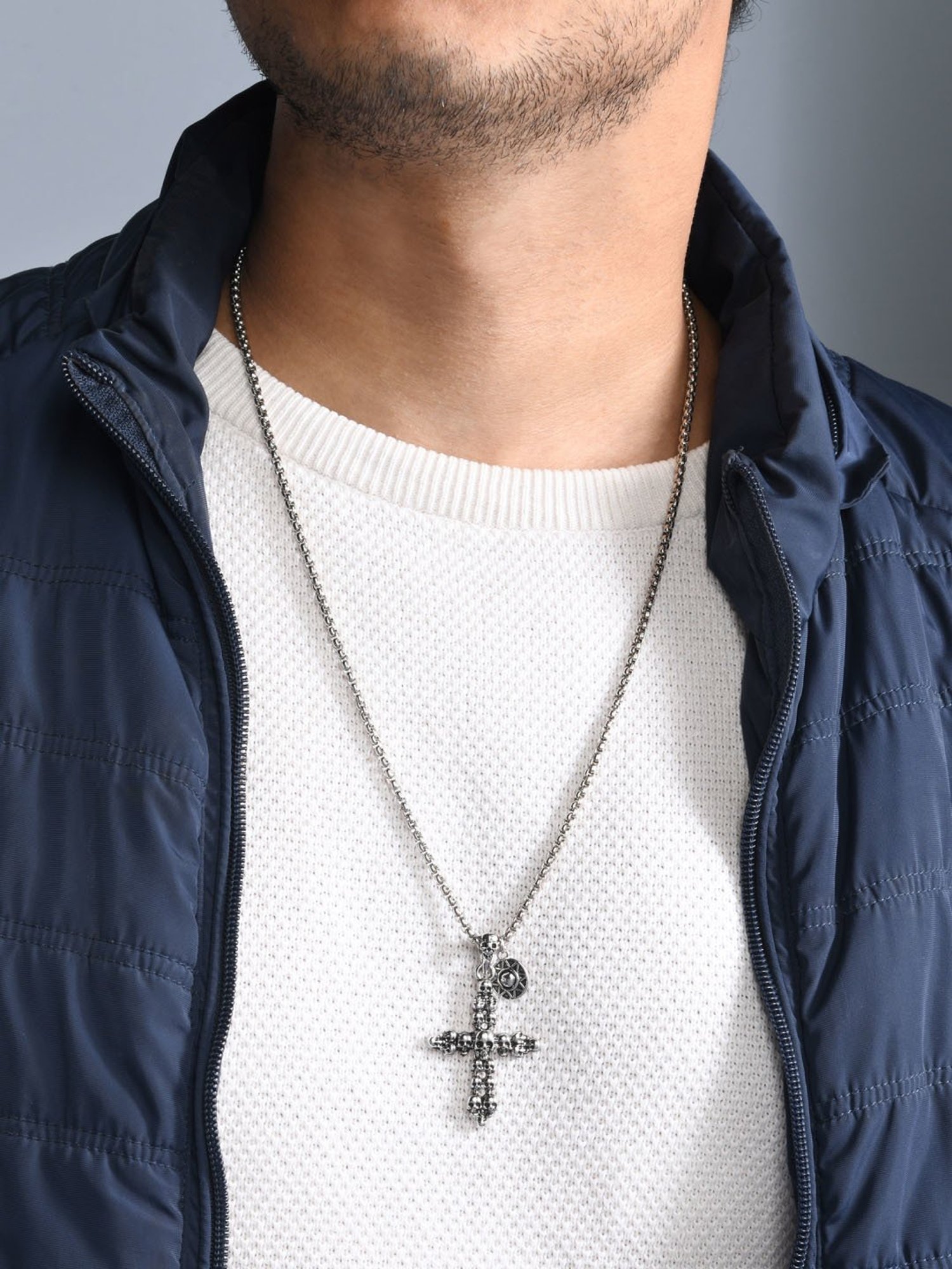 The Bro Code Silver-Plated Skull Embossed Cross Pendant Necklace For Men