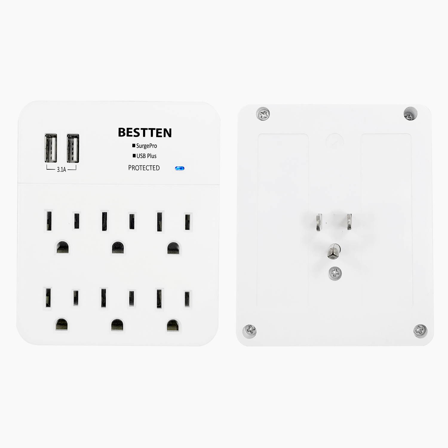 BESTTEN Multi Wall Tap Outlet Adapter Surge Protector with 2 USB Charging Ports (2.4A/Port, 3.1A Total) and 6 Electrical AC Sockets, ETL Certified, White
