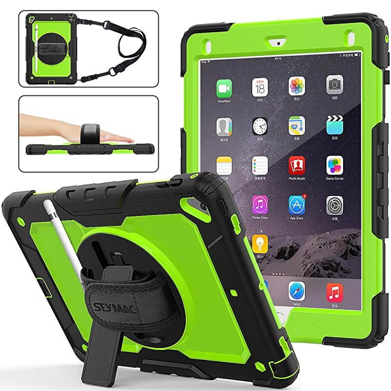 Case for iPad 6th5th Generation FullBody Protection with 360 Degrees Rotating Stand Pencil Holder Hand Strap for iPad 5th6th Air 2 Pro 97Green+Black
