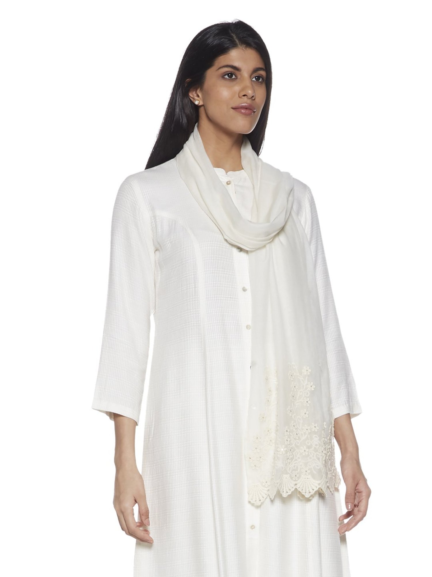 Zuba by Westside Off White Silk Blend Embroidered Stole