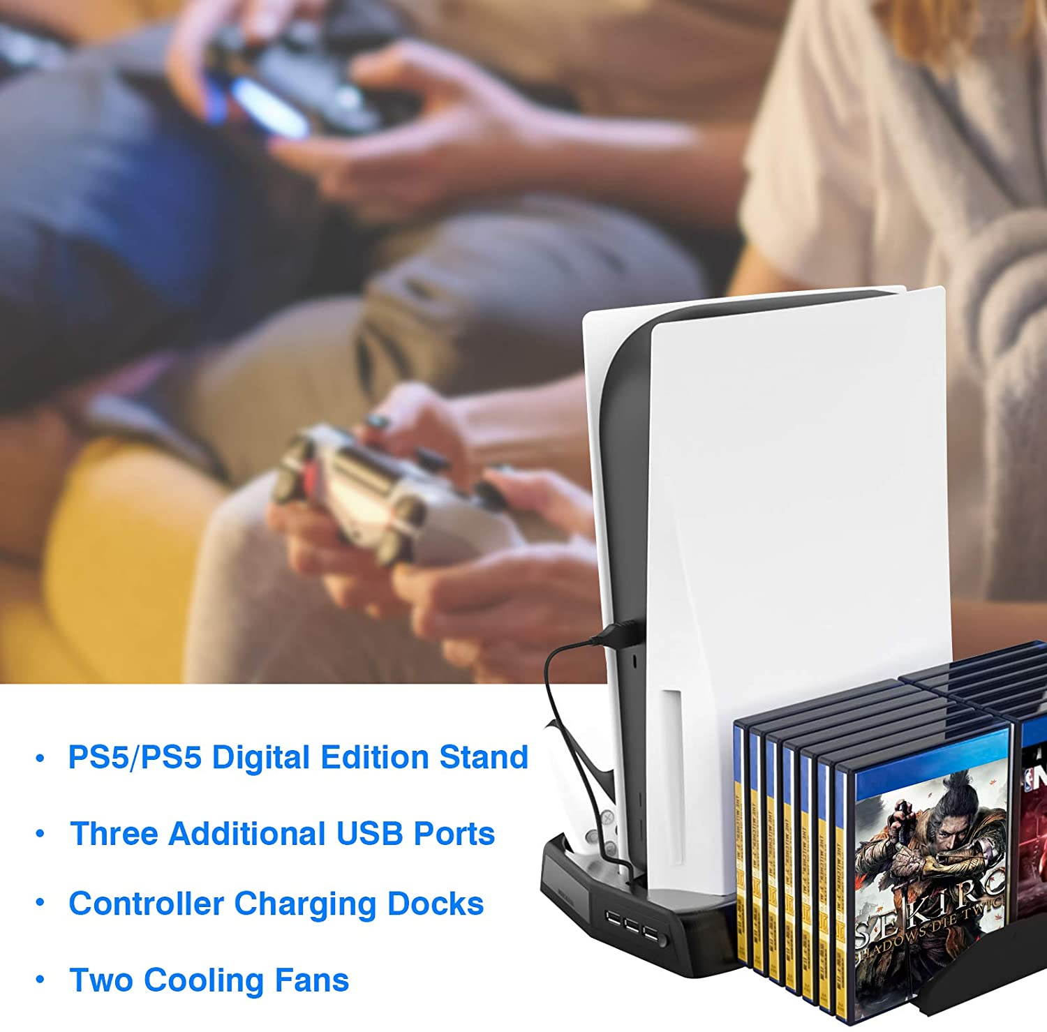 Rome Care Charging Stand for PS5 with Cooling Fan, Multi-Function Charger Station with 2 Controller Charging Docks, LED Indicators, 3 USB Ports and Retractable Game Storage Bracket