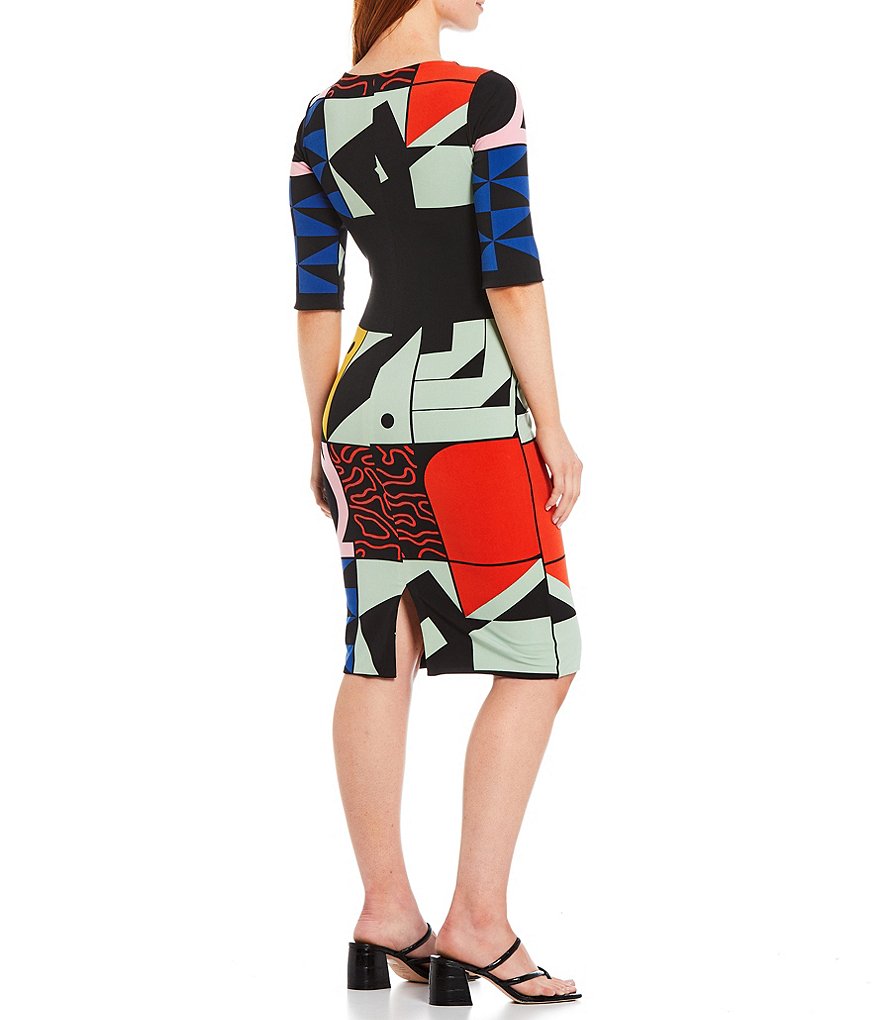 Eva Varro Abstract Geometric Patchwork Print Knit Jersey Elbow Sleeve Sheath Dress