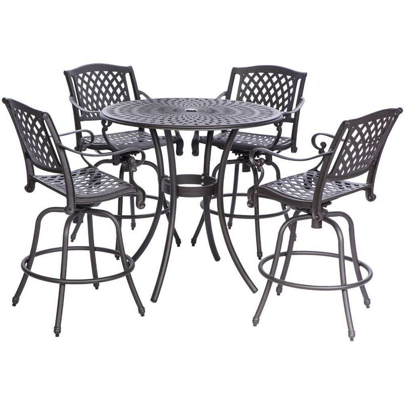Westbury 5pc Cast Aluminum Dining Set with Umbrella Hole Round Bar Table & 4 Bar Swivel Arm Chairs - Alfresco Home