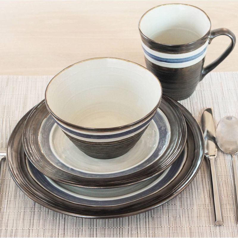 16pc Stoneware Rustic Stripe Dinnerware Set Black - Baum Bros.