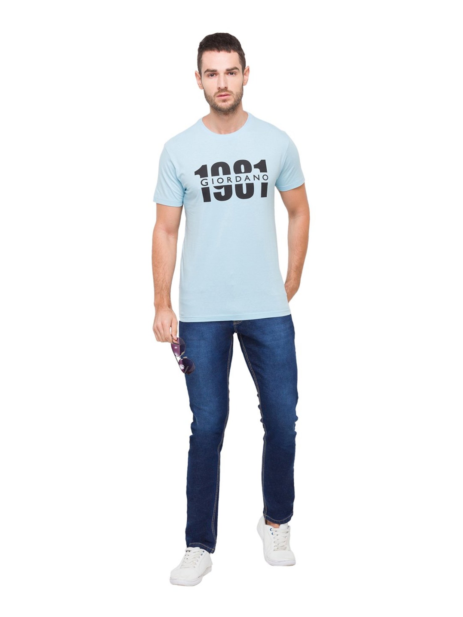 Giordano Light Blue Cotton Slim Fit Logo Printed T-Shirt
