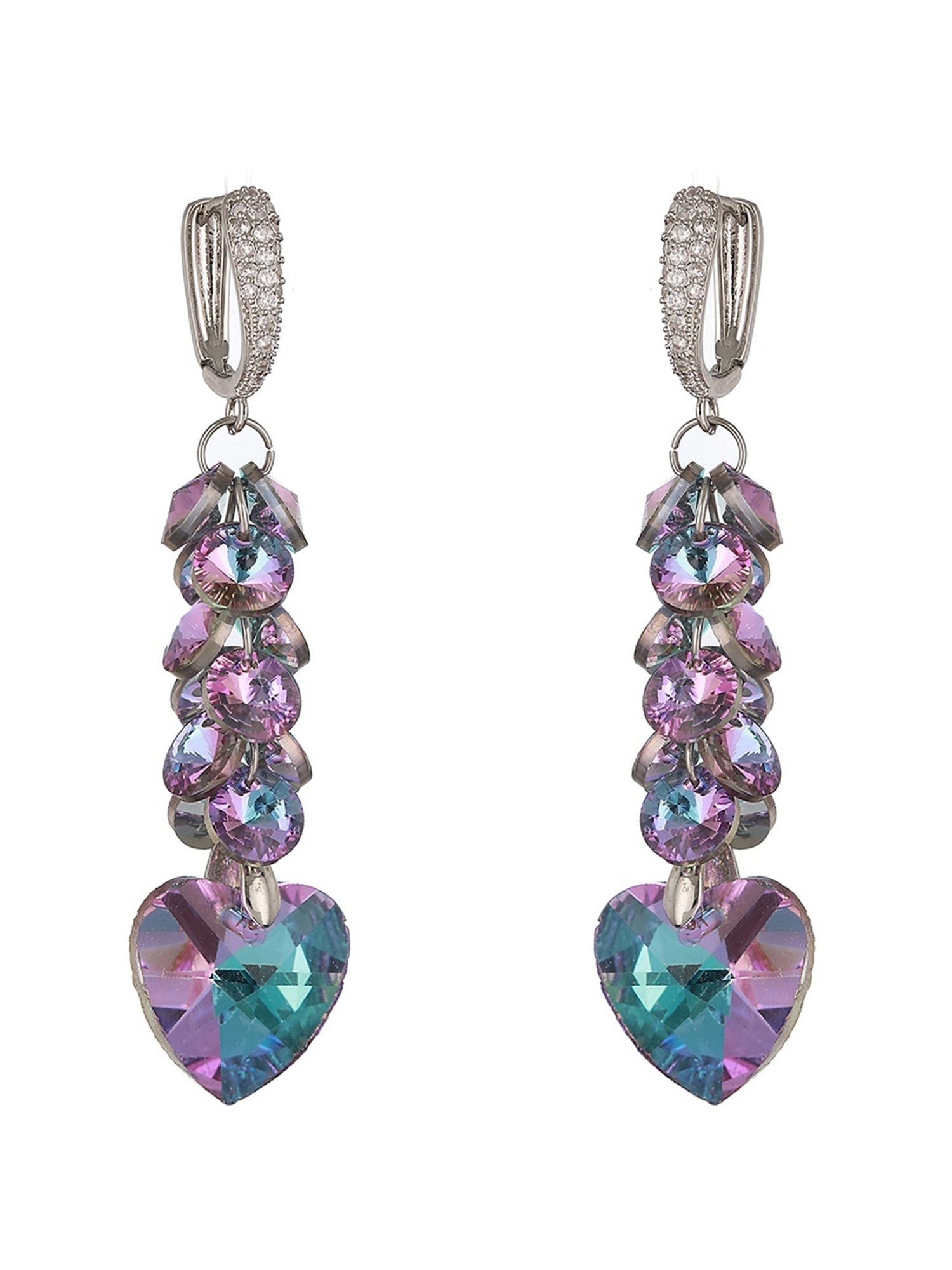 Prita by Priyaasi Purple Heart Studded Long Silver-Plated Dangler Earrings