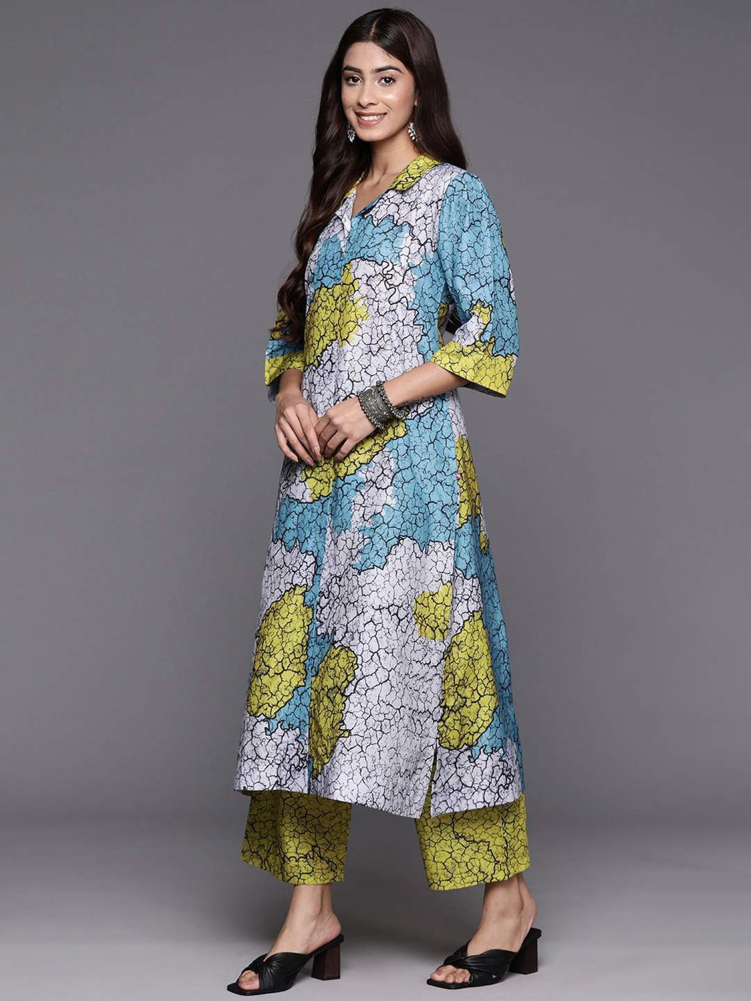 Varanga Blue & Green Cotton Printed Kurta Palazzo Set