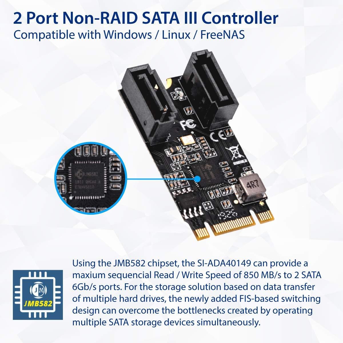 IO CREST M.2 22x42 to SATA III 2 Ports Adapter Card (Jmicro Chipset), Add Two SATA 3.0 Devices to Any M.2 2242 Slot