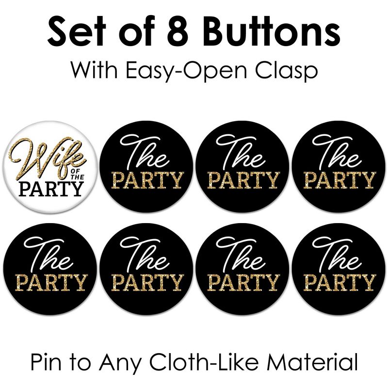 Big Dot of Happiness Wife of the Party - 3 inch Black and Gold Bachelorette Party Badge - Pinback Buttons - Set of 8