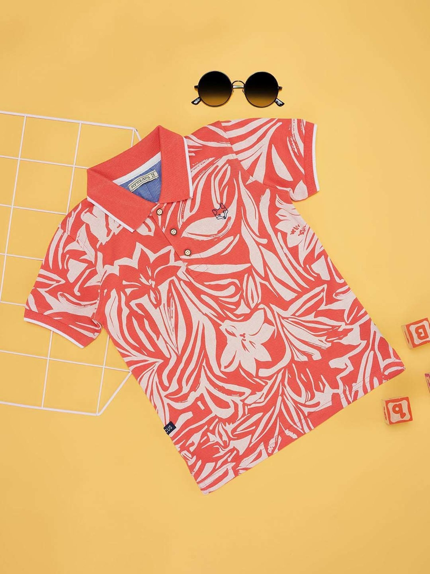Pantaloons Junior Kids Living Coral Cotton Floral Print Polo T-Shirt