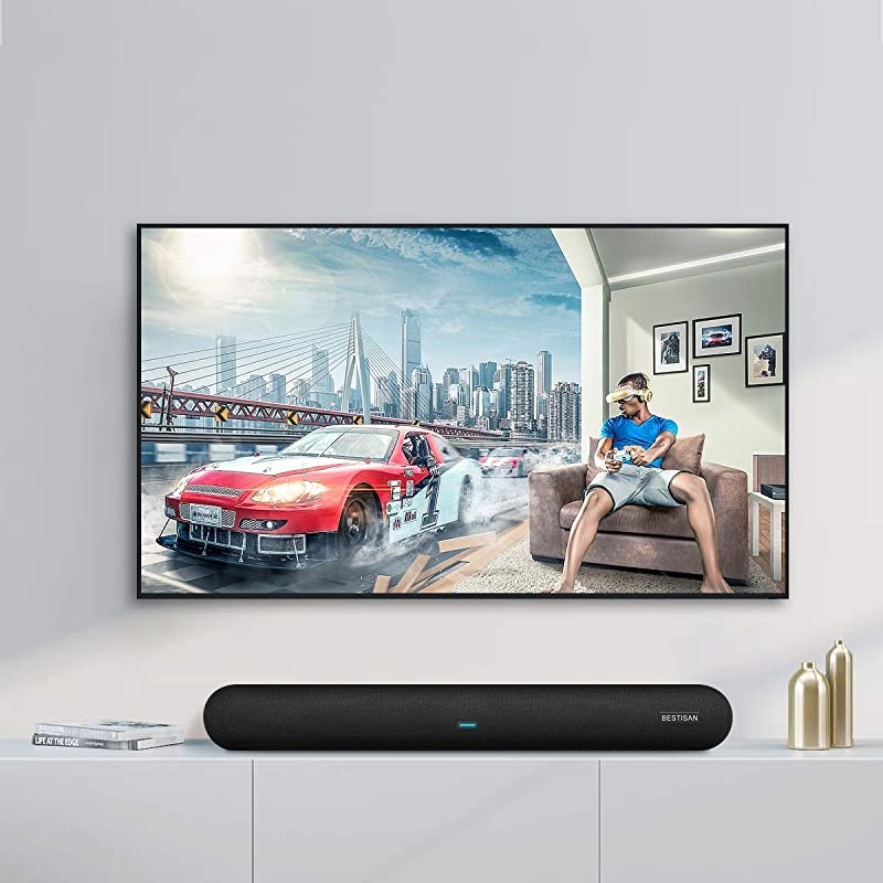 BESTISAN 80 Watts TV Sound Bar Home Theater Speaker with Dual Connection Way Bluetooth 50 MovieMusicDialogue Audio Mode Enhanced Bass Technology Bass Adjustable Wall Mountable