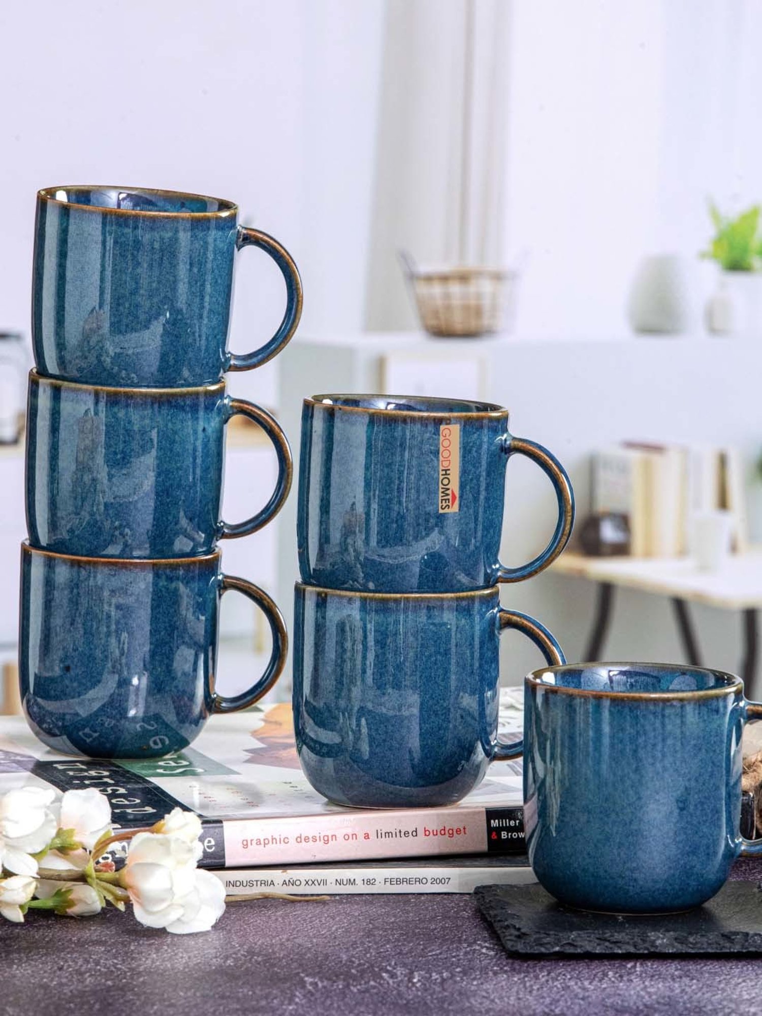 Goodhomes Blue Stoneware Coffee Mugs (0.2 L) - Set of 6