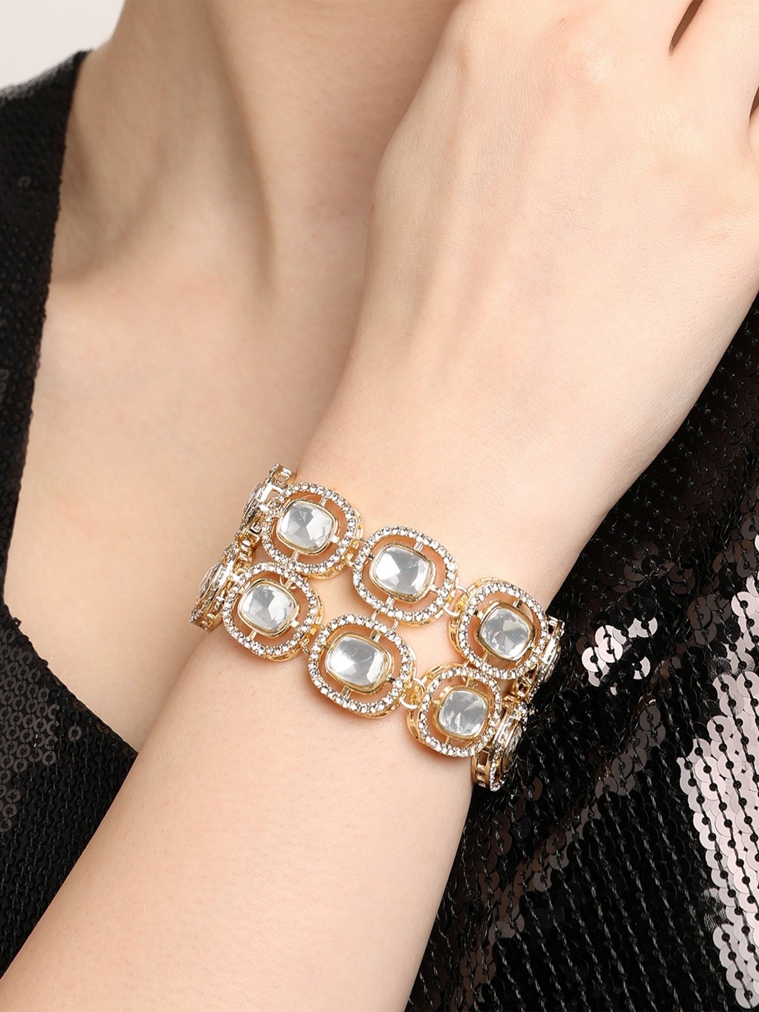 Zaveri Pearls Gold Tone Double Layered Austrian Diamonds Embellished Ethnic Bracelet -ZPFK16931