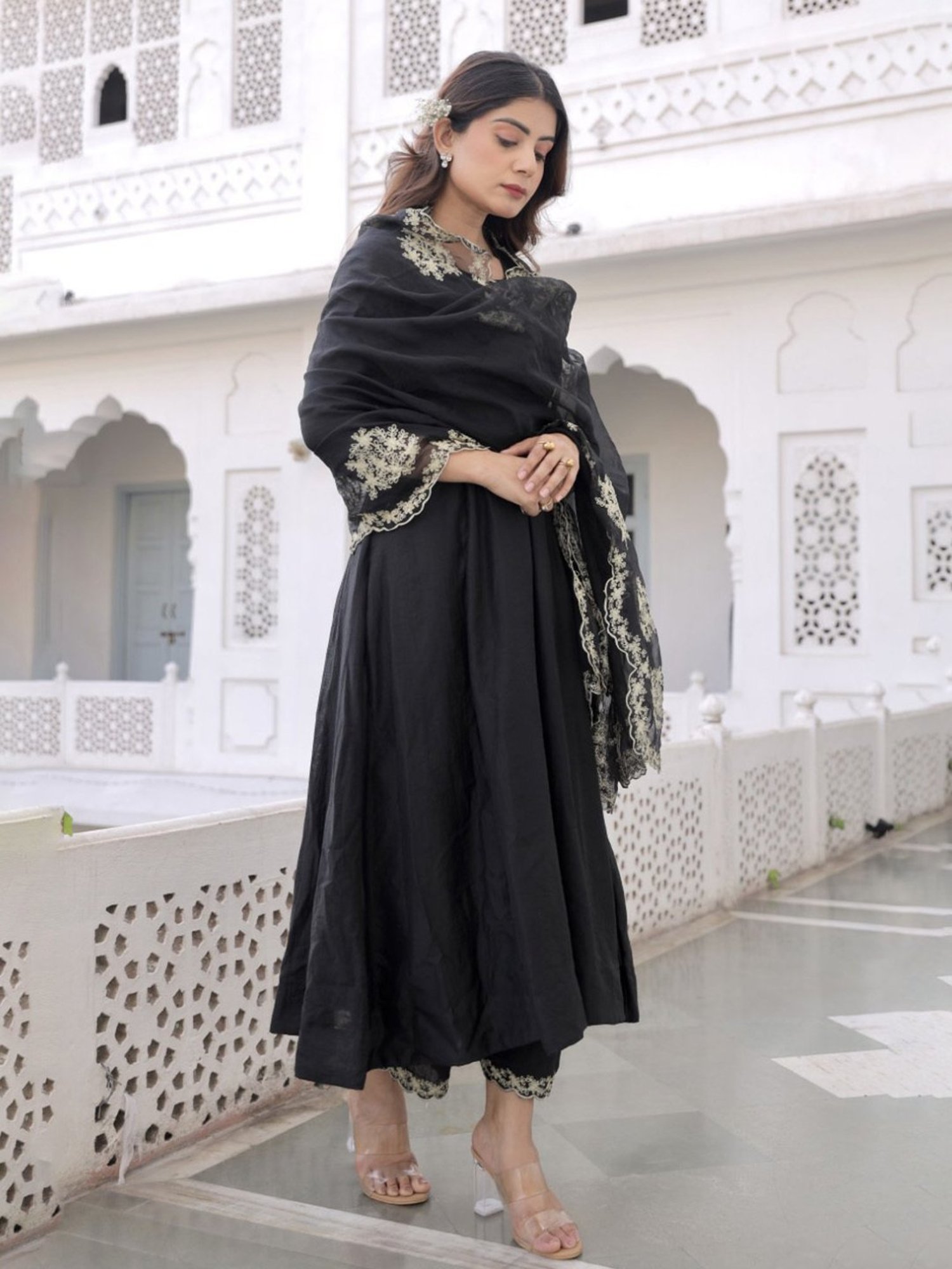 Asrumo Black Sukoon Summer Three Anarkali Kurta with Palazzo and Zari Work Organza Dupatta Set