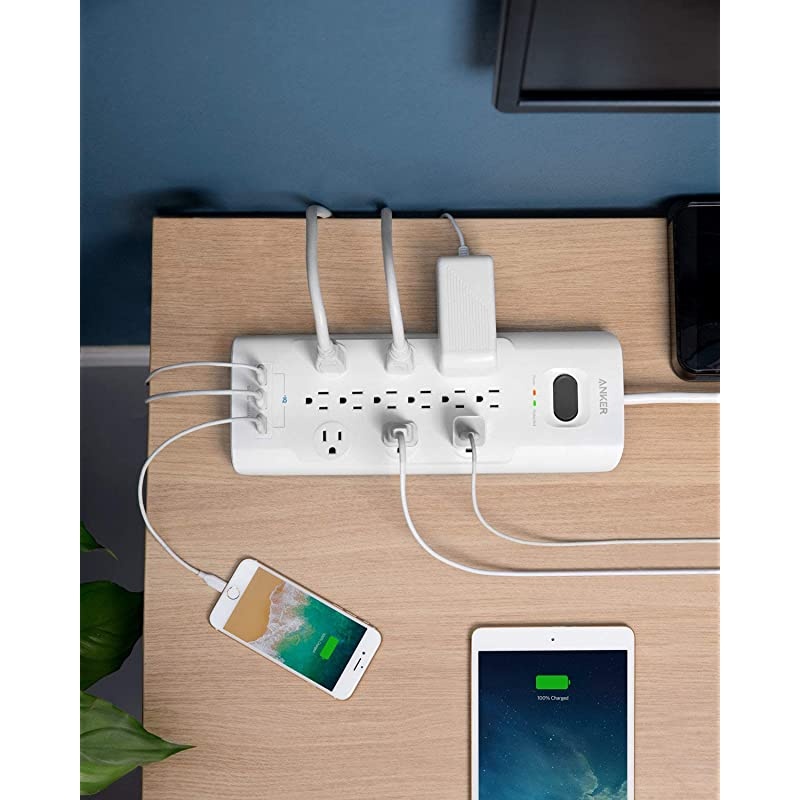 Power Strip Surge Protector 12 Outlets 3 USB Ports with Flat Plug PowerPort Strip With 6ft Extension Cord PowerIQ for iPhone XSXS MaxXRX Galaxy for Home Office and More 4000 Joules
