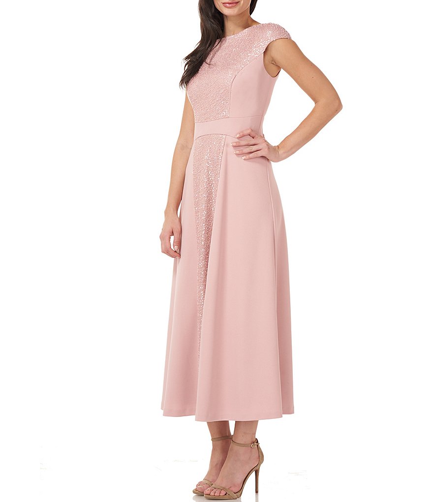 JS Collections Jewel Neck Cap Sleeve Sequined Stretch Crepe Dress