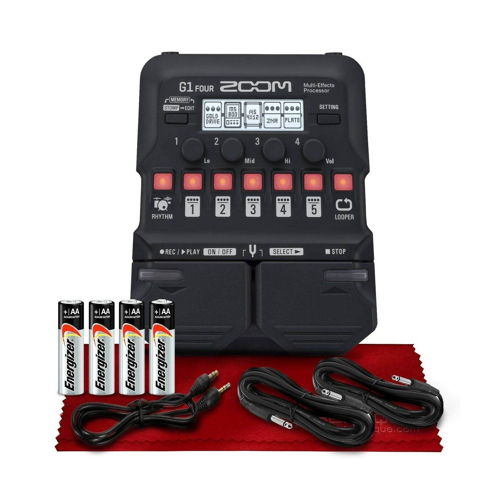 Zoom G1 Four Guitar Multi-Effects Processor + AA Batteries, Cables and Fibert...