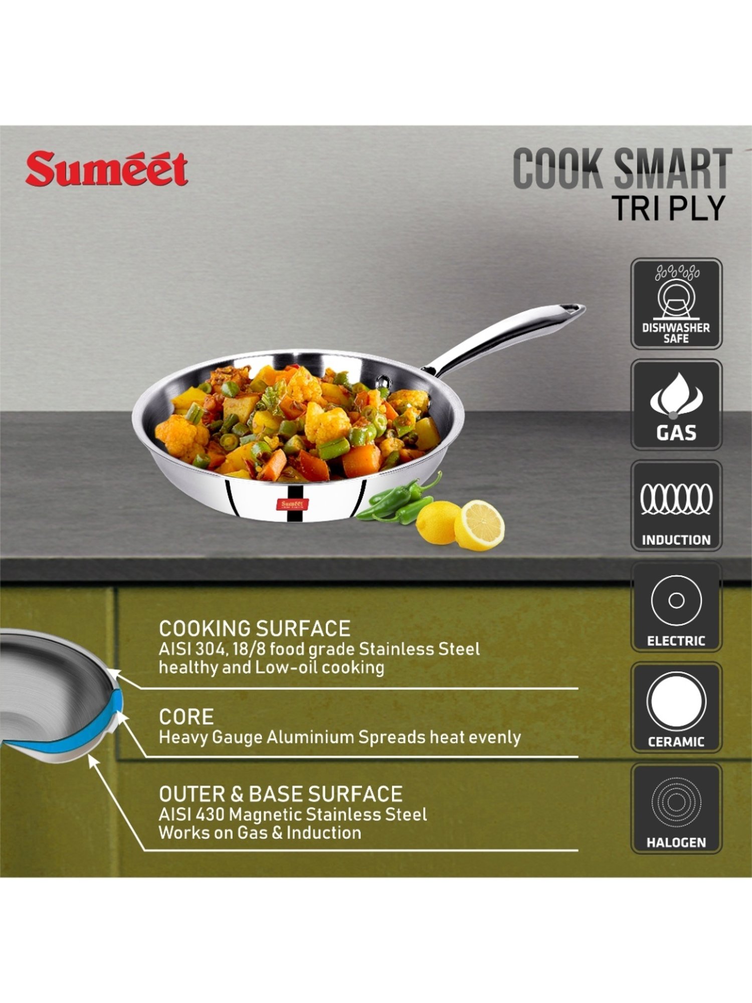 Sumeet Cook Smart TriPly SAS (Steel-Aluminium-Steel - 3 Layers) Fry Pan - 1.4 Ltr - 23.6Cm