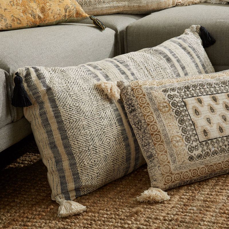 20"x40" Oversize Geo Striped Lumbar Throw Pillow with Tassels Black - Patina Vie
