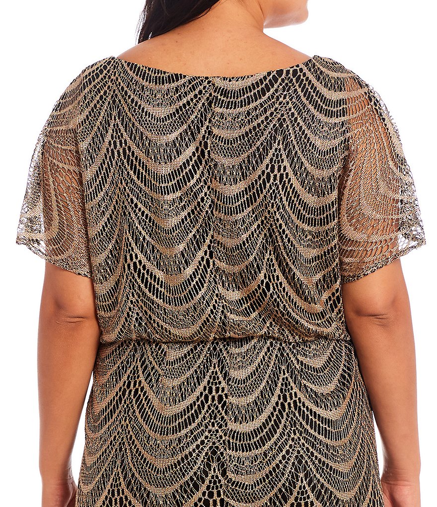 Ignite Evenings Plus Size Round Neck Short Sleeve Beaded Scallop Fringe Blouson Midi Dress